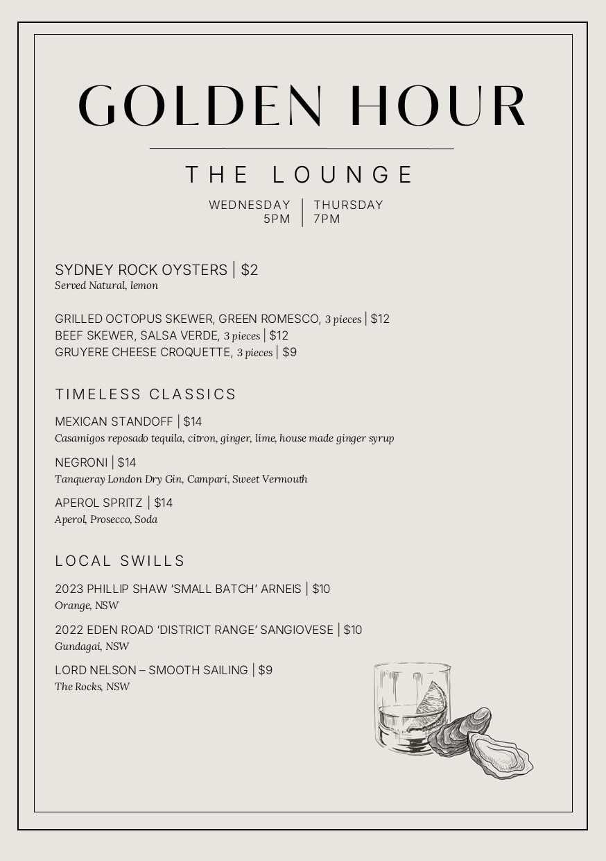 THE LOUNGE – GOLDEN HOUR – CURRENT MENU